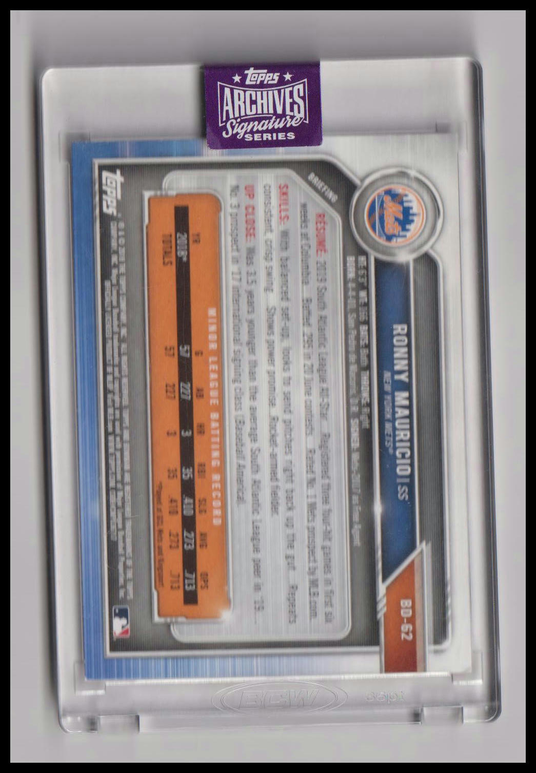 2019 Bowman Draft '25 Topps Archive Signature #BD62 Ronny Mauricio AU/10 Encased