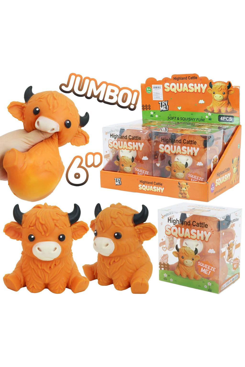JUMBO 6 Inch Highland Cow Fluffy Slime Filled TPR Squishy: ORANGE / ONE SIZE