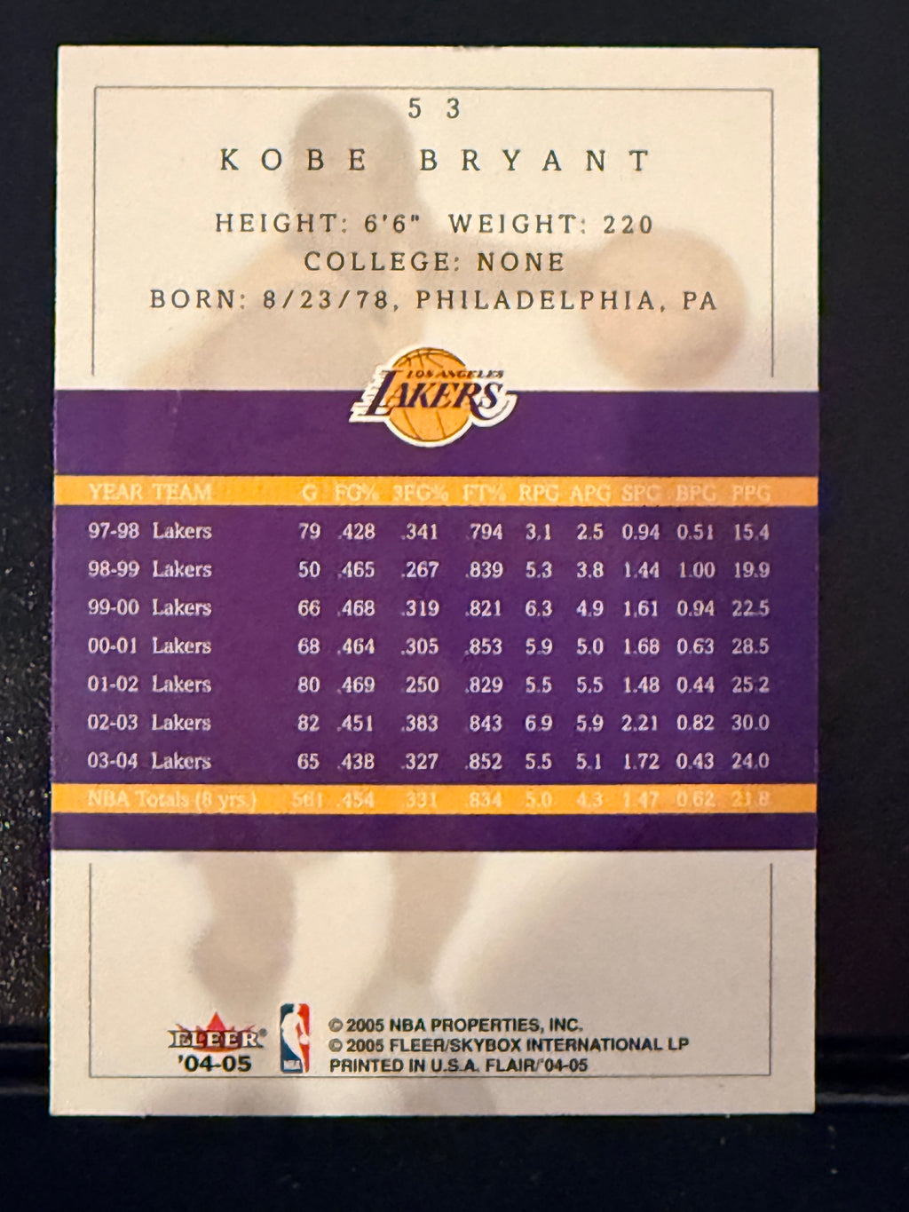 2004/05 FLEER FLAIR NBA G-8 #53 KOBE BRYANT LA LAKERS